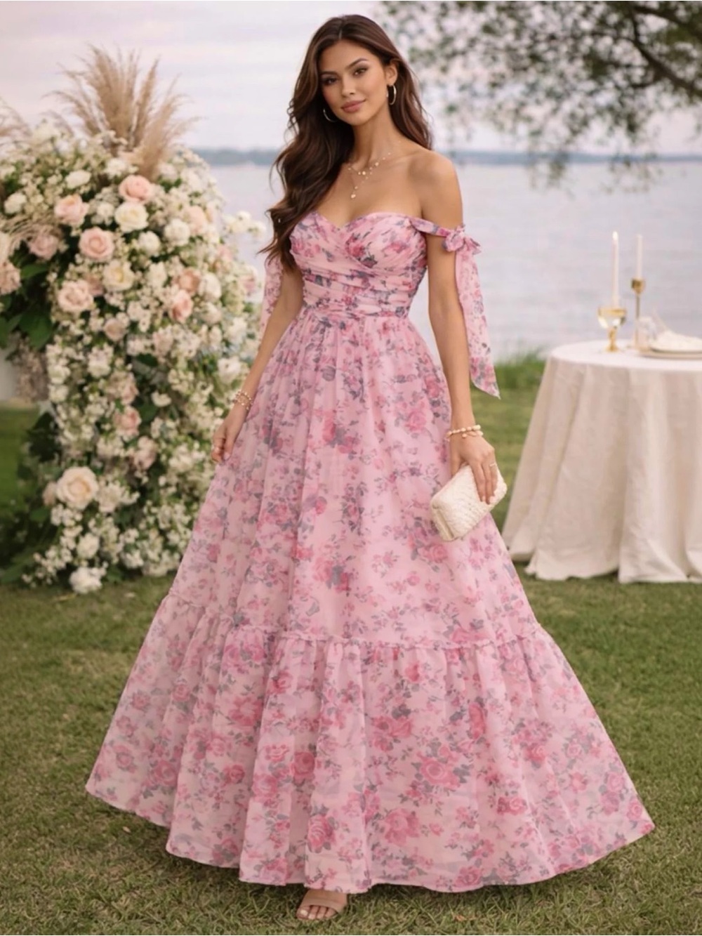 Off-Shoulder Pink Floral Maxi Dress